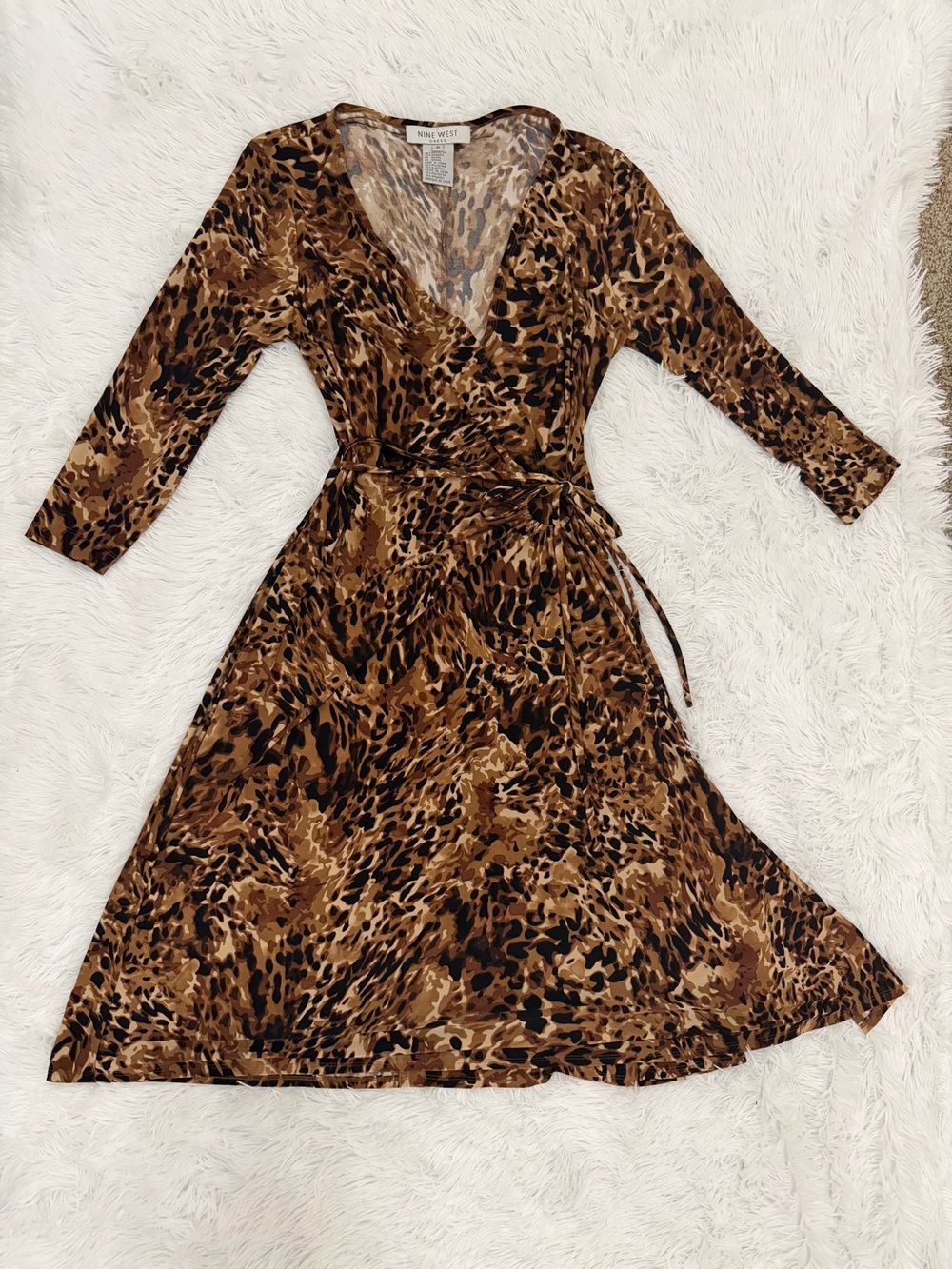 Nine West Brown & Black Animal Print Wrap Midi Dress